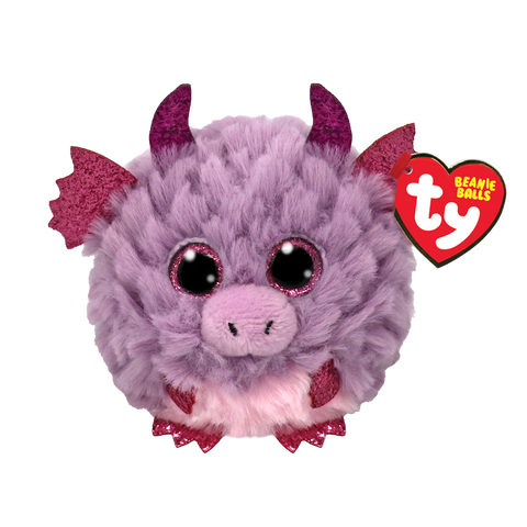 Purple fluffy dragon with pink horns and wings, with sparkly pink eyes, and pink hands and feet. 