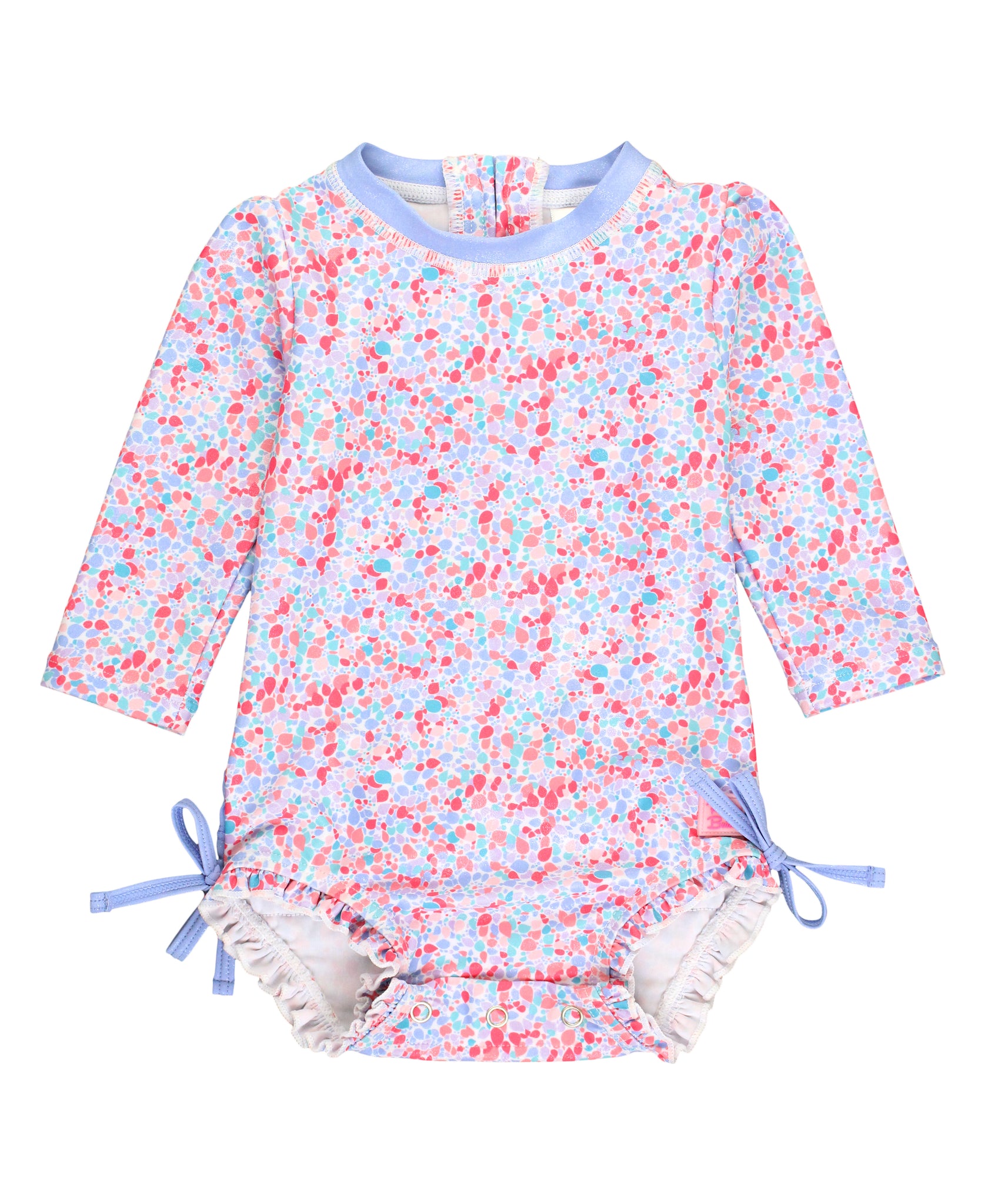 pink and periwinkle abstract print long sleeve girl rashguard with ruffle leg opening