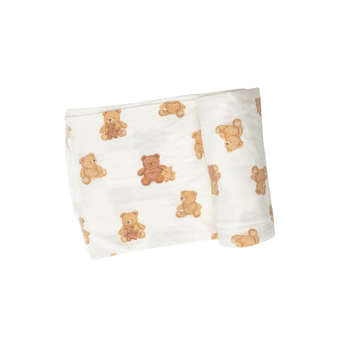 white swaddle blanket with brown teddy bears