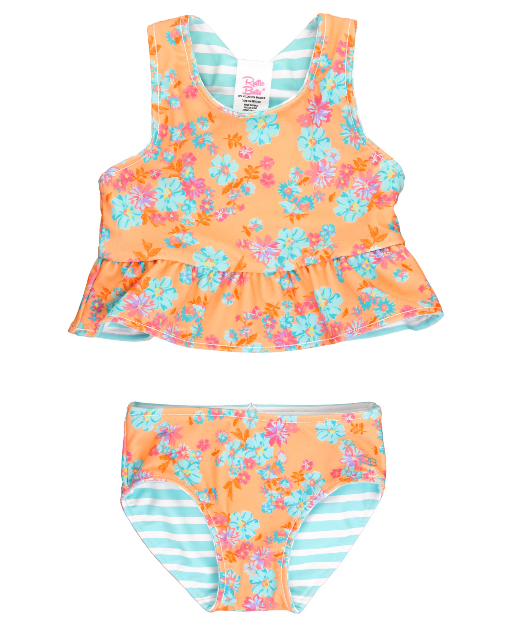 vibrant orange and blue floral reversible tankini.  Floral on one side and blue stripe on the other