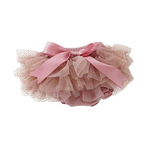 pink tutu with glitter, an elastic waist band, and a pink bow. 