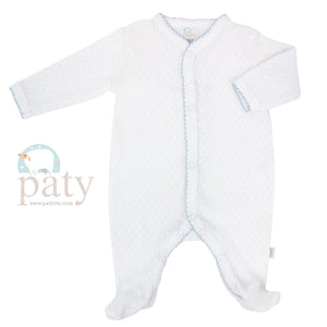 Paty Long Sleeve Footie White with Blue Trim