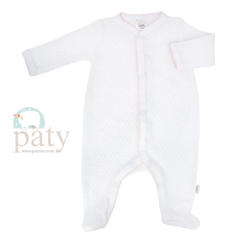 Paty Long Sleeve Footie White with Pink Trim