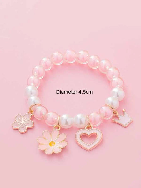 Girls Flower Charm Faux Pearl Beaded Stretch Bracelet
