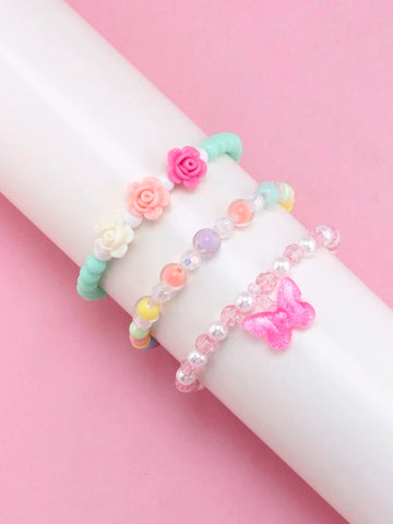 3Pc Girls Roses and Butterfly Bracelet Set