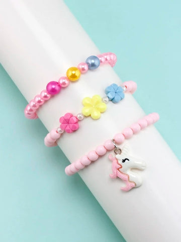 3Pc Girls Roses and Unicorn Bracelet Set