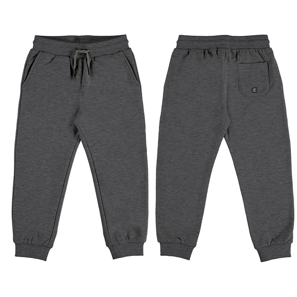 Fossil grey boy fleece jogger with slant front pockets and back patch pocket. elastic waist and working waist tie