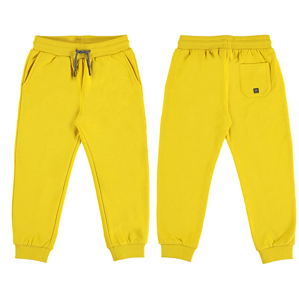 Yellow gold boy fleece jogger with slant front pockets and back patch pocket.  Elastic waist and working waist tie