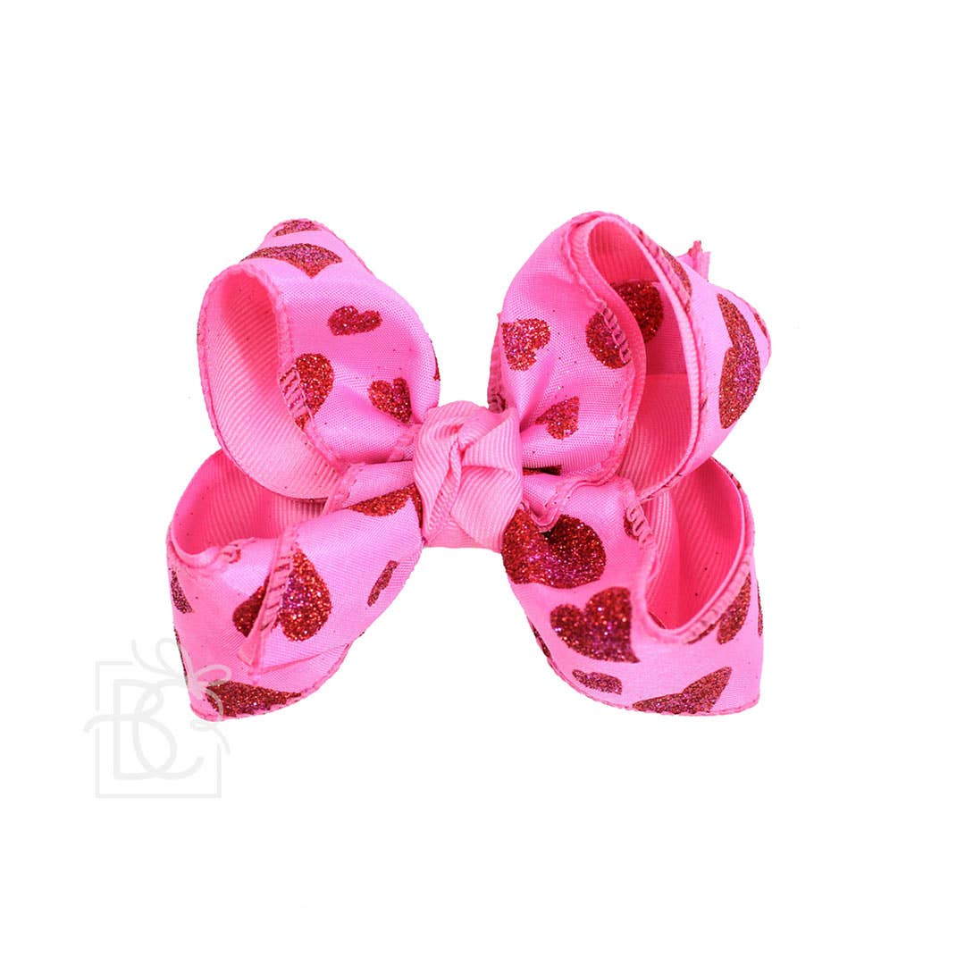 Large Layered Valentine Glitter Heart Bows Hot Pink