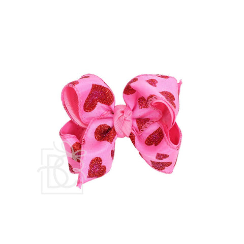 Medium Layered Valentine Glitter Heart Bows Hot Pink