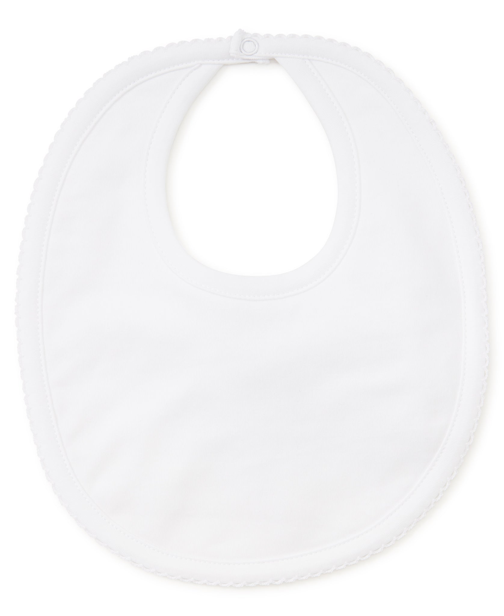 white bib with white picot trim around 