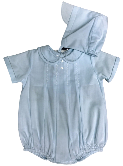 Light blue short sleeve boy baby boy bubble with stitched down pleats in the front accented with two small buttons and collar with entredeaux trim and matching bonnet