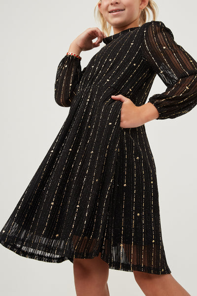 Foiled Star Striped Long Sleeve Dress Black
