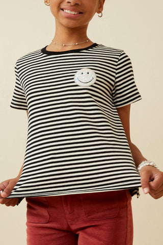 Girls Sequin Smiley Patch Striped Knit Top