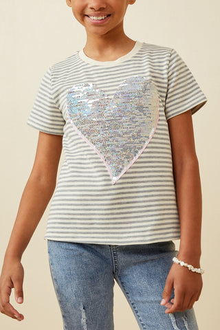 Girls Sequin Heart Patch Striped Knit Top