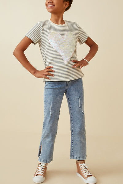 Girls Sequin Heart Patch Striped Knit Top