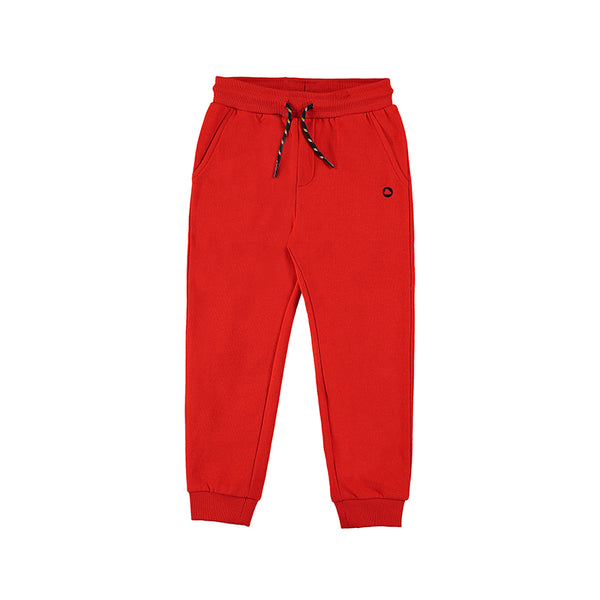 tomato red fleece jogger with front slant pockets and back patch pocket