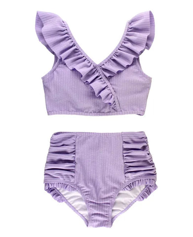 Lavender Seersucker Ruffle V-Neck Bikini