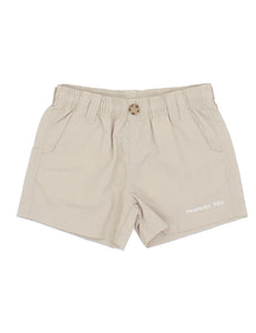 Khaki shorts with a button and belt loops. Also has an elastic waist. 