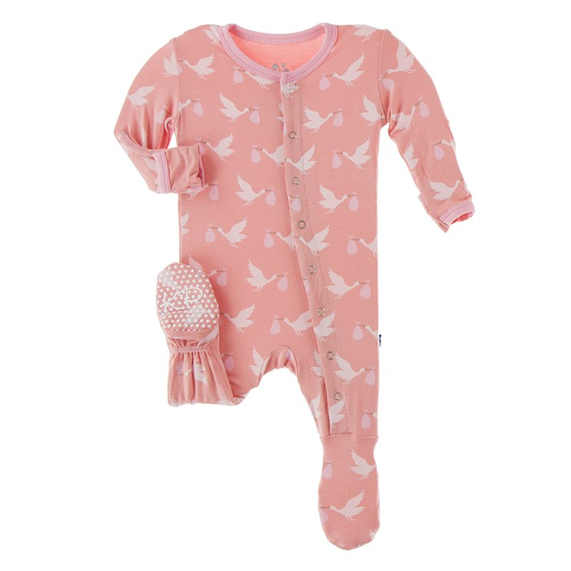 Print Footie with Snaps Blush Stork