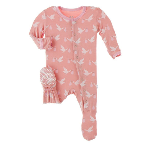 Print Footie with Snaps Blush Stork