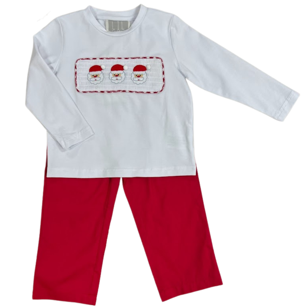 White Smocked Santa Top with Red Pants Set