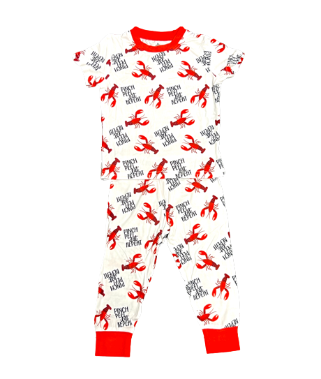 2pc short sleeve and long pant bamboo pajama set with a white background and red trim with a crawfish print that says pinch peal repeat.
