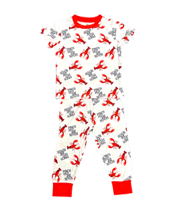 2pc short sleeve and long pant bamboo pajama set with a white background and red trim with a crawfish print that says pinch peal repeat.