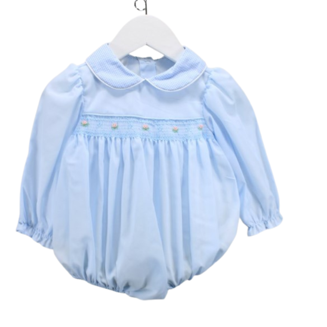 Light Blue Smocked Bubble with Microcheck Trim