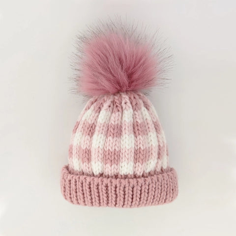 Rosy Pink Buffalo Check Knit Hat