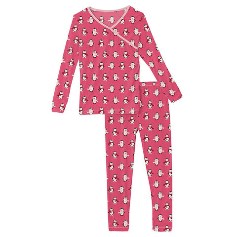 Print Long Sleeve Kimono Pajama Set Winter Rose Penguins